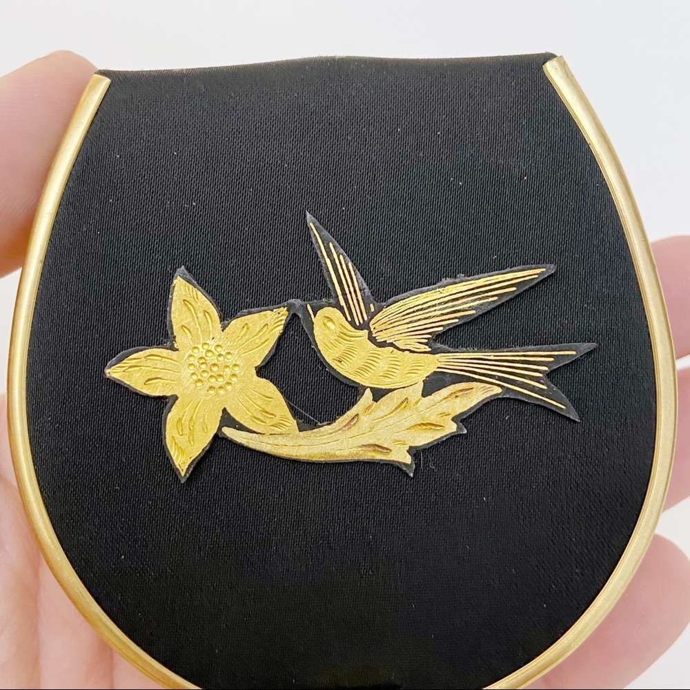 Vintage Black Satin Golden Damascene Floral Bird Appliqué Powder Mirror Compact - Picture 3 of 8